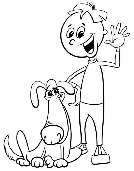 黑白动画片儿童或青少年男孩与滑稽的狗着色书插图 — 图库矢量图片