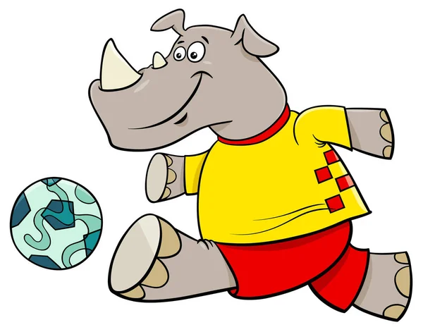 Kreslená Ilustrace Rhino Fotbal Nebo Fotbal Charakter Hráče Míčem — Stockový vektor