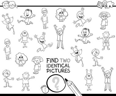 Siyah ve beyaz çizgi film illüstrasyon erkek ve kız çocuk karakterleri boyama kitabı ile çocuklar için eğitici bir oyun iki özdeş resimleri bulma