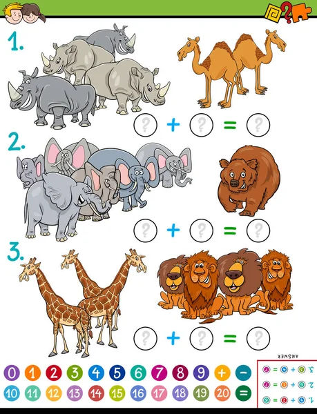 Cartoon Illustration Educational Mathematical Addition Puzzle Game Bambini Età Prescolare — Vettoriale Stock