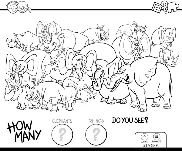 Czarno Biały Ilustracja Kreskówka Liczenia Gra Edukacyjna Dla Dzieci Słonie — Wektor stockowy
