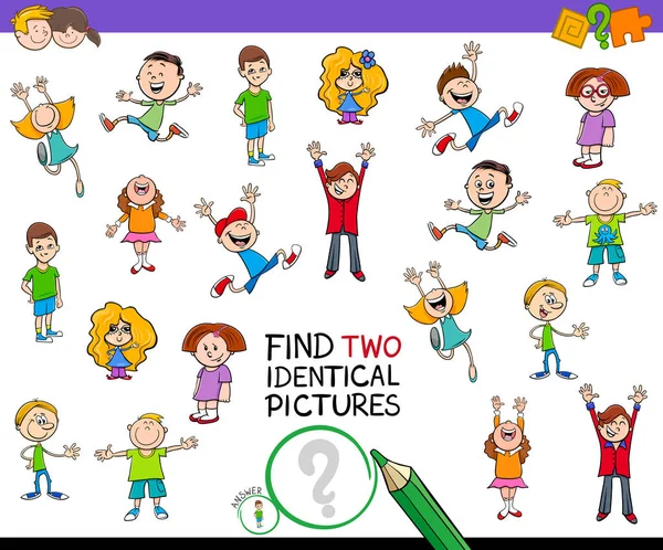 Cartoon Illustration Finding Two Identical Pictures Educational Game Kids Boys - Stok Vektor