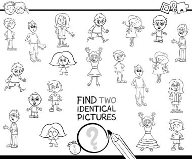 Siyah ve beyaz çizgi film illüstrasyon iki özdeş resimleri boyama kitabı çocuk karakterleri ile çocuklar için eğitici bir oyun bulma
