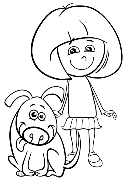 滑稽的狗着色书的孩子女孩黑白卡通插图 — 图库矢量图片