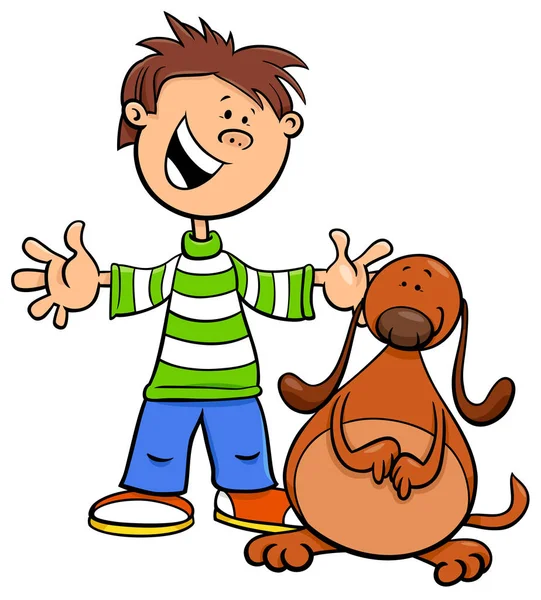 Cartoon Illustration Eines Jungen Mit Lustigem Hund Oder Welpe — Stockvektor