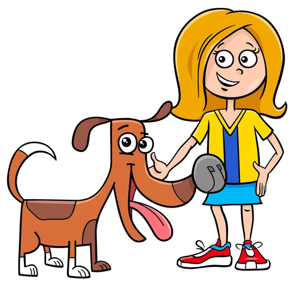 Illustration Bande Dessinée Fille Enfant Avec Chien Drôle Chiot — Image vectorielle