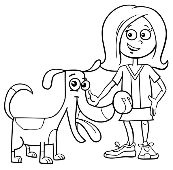 Black White Cartoon Illustration Kid Girl Funny Dog Puppy Coloring - Stok Vektor