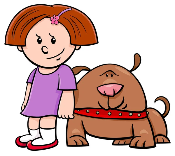 Cartoon Illustration Von Niedlichen Mädchen Mit Lustigem Hund — Stockvektor