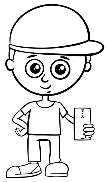 Black White Cartoon Illustration Kid Boy Character Smart Phone Device — Stock Vector