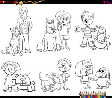 Siyah ve beyaz kitap karikatür çizimi çocuk ile köpek hayvan boyama karakteri kümesi