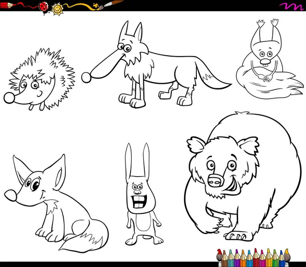 Livre Coloriage Noir Blanc Illustration Personnages Animaux Sauvages — Image vectorielle