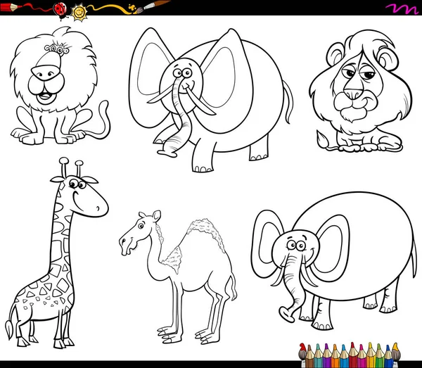 Siyah ve beyaz kitap karikatür çizimi komik vahşi hayvan boyama karakteri kümesi