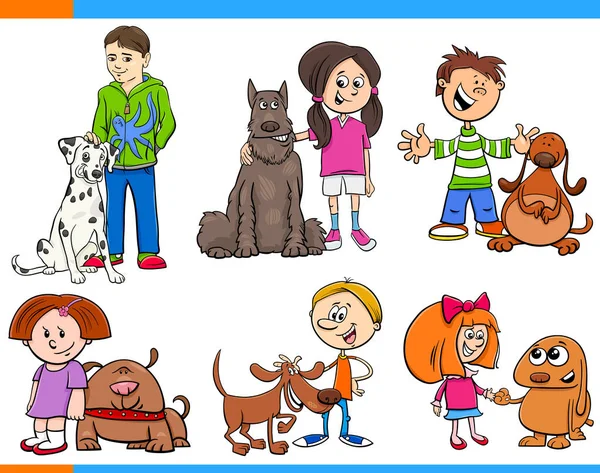 Illustrazione Del Fumetto Dei Bambini Con Cane Animali Personaggi Set — Vettoriale Stock