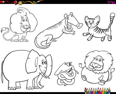 Siyah ve beyaz kitap karikatür çizimi vahşi hayvan boyama koleksiyon karakterler