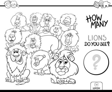 Siyah ve beyaz çizgi film gösterimi eğitim sayım etkinlik oyunu aslanlar hayvan karakter boyama kitabı olan çocuklar için