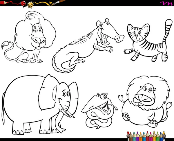 Black White Coloring Book Cartoon Illustration Wild Animal Characters Collection — Stock Vector