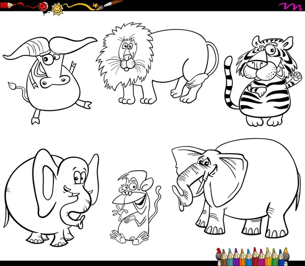 Siyah Beyaz Kitap Karikatür Çizimi Vahşi Hayvan Boyama Karakteri Kümesi — Stok Vektör