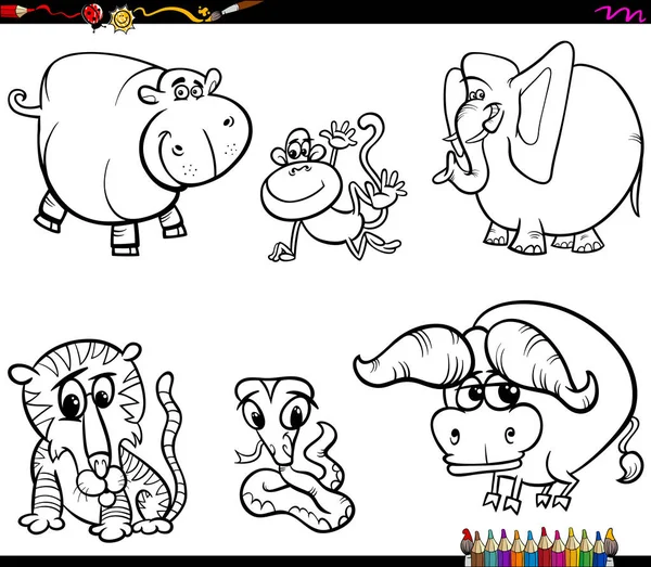 Black White Coloring Book Illustration Animal Characters Collection — стоковый вектор