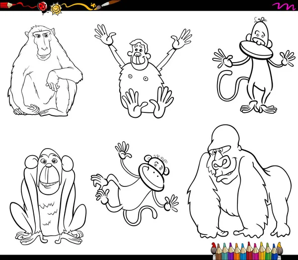 Zwart Wit Kleuren Cartoon Boekillustratie Van Grappige Apen Mensapen Primate — Stockvector