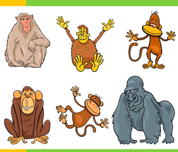 Tecknad Illustration Roliga Apor Och Apor Primate Djur Set — Stock vektor
