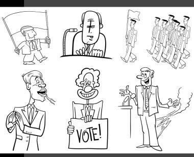 Black and White Set of Humorous Cartoon Concept Illustrations of Politics and Politicians clipart