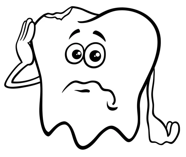 Black White Cartoon Illustration Sad Tooth Character Cavity Coloring Book – stockvektor
