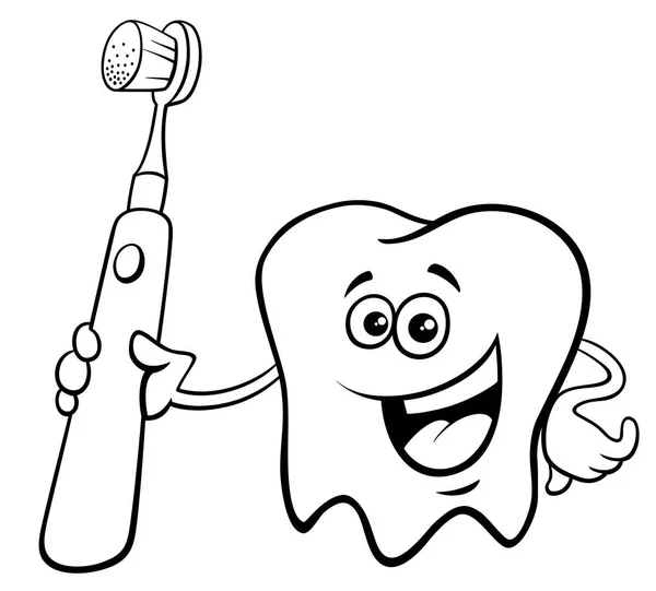 Schwarz Weiße Cartoon Illustration Des Glücklichen Zahncharakters Mit Elektrischer Zahnbürste — Stockvektor