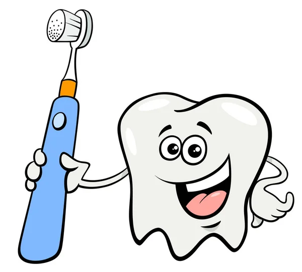 Cartoon Illustration Von Happy Tooth Charakter Mit Elektrischer Zahnbürste — Stockvektor