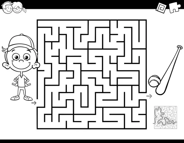 黑白卡通动画插图教育迷宫或迷宫活动游戏儿童小男孩和棒球着色书 — 图库矢量图片