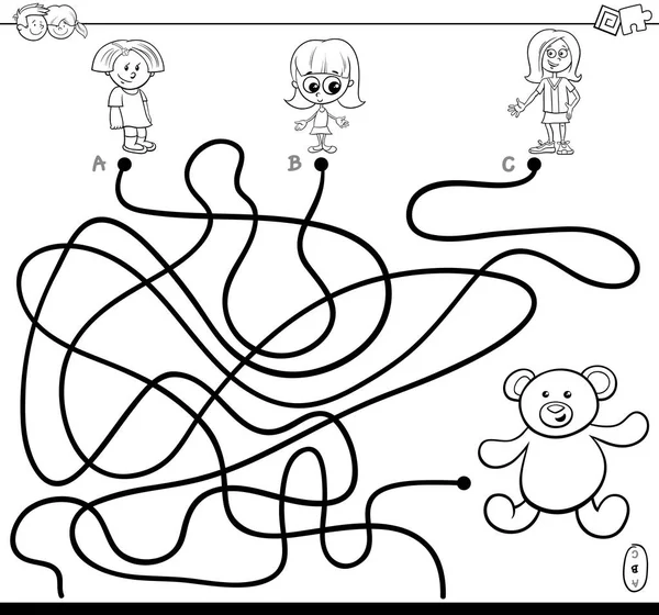 小さな女の子とテディベア グッズ塗り絵パスまたは迷路パズルゲームの活動の黒と白の漫画イラスト — ストックベクタ