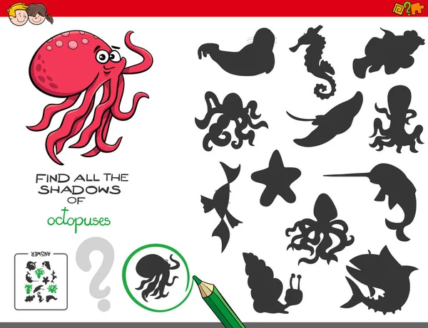 Kreslený Obrázek Najít Všechny Stíny Chobotnice Vzdělávací Hry Pro Děti — Stockový vektor