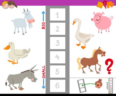 En büyük ve en küçük çiftlik hayvanı komik karakterler ile çocuklar için bulma eğitim oyunu çizgi film gösterimi