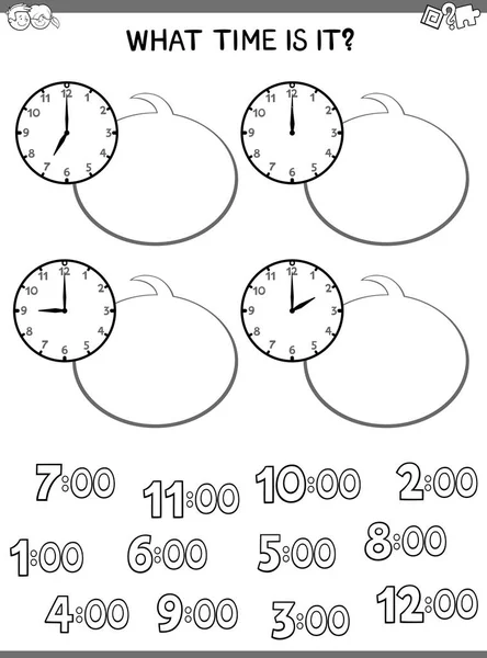 Black White Cartoon Illustrations Telling Time Educational Worksheet Children — Stock Vector