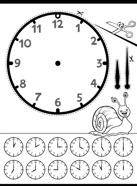 Black White Cartoon Illustrations Clock Face Telling Time Educational Worksheet — Stock Vector