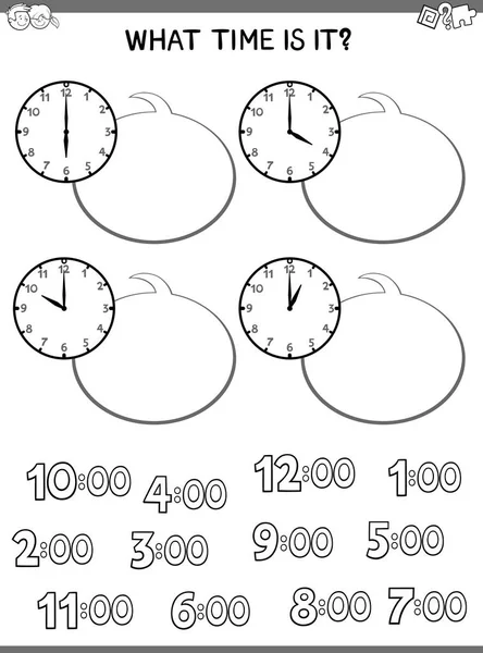 Black White Cartoon Illustrations Telling Time Educational Worksheet Children Clock — Stock Vector