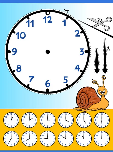 Cartoon Illustrations Clock Face Telling Time Educational Worksheet Children — Stock Vector