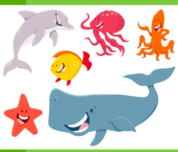 Desenhos Animados Ilustração Engraçado Mar Vida Animal Personagens Conjunto — Vetor de Stock
