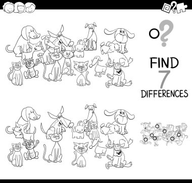 Siyah ve beyaz çizgi film illüstrasyon resim arasındaki yedi farkı Evcil hayvan hayvan karakter boyama kitabı grubu olan çocuklar için eğitici bir oyun bulma