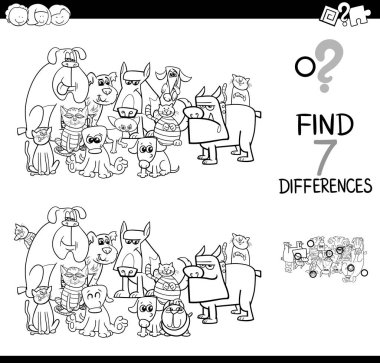 Siyah ve beyaz çizgi film illüstrasyon resim arasındaki yedi farkı köpekler ve kediler hayvan karakter boyama kitabı topluluk olan çocuklar için eğitici bir oyun bulma