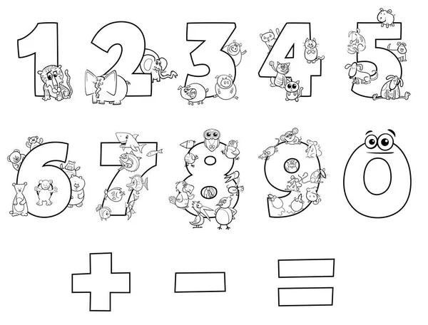 Czarno Biały Ilustracja Kreskówka Numerów Zestaw Zera Dziewięć Znaków Zwierzę — Wektor stockowy