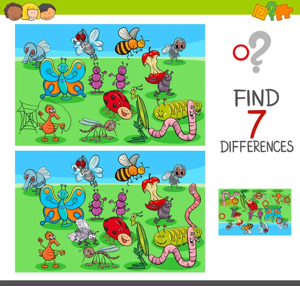 Cartoon Illustration Finding Seven Differences Pictures Educational Game Children Insects — стоковый вектор