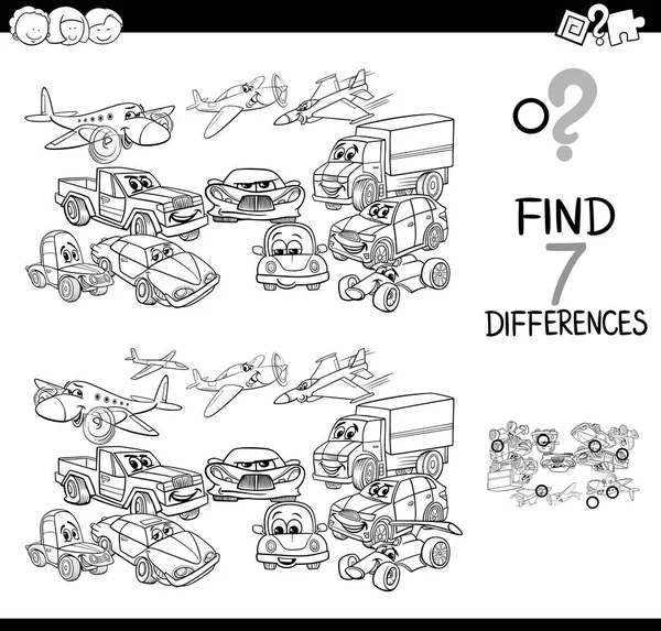 黑白卡通插图寻找七之间的差异图片教育游戏的儿童与交通车辆字符着色书 — 图库矢量图片