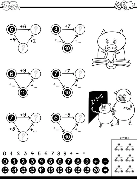 Ilustración Dibujos Animados Blanco Negro Del Juego Rompecabezas Adición Matemática — Archivo Imágenes Vectoriales