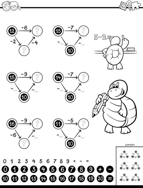 Czarno Biały Ilustracja Kreskówka Grze Puzzle Edukacyjne Matematyczne Odejmowania Dla — Wektor stockowy