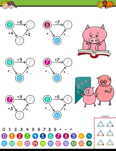 Ilustração Dos Desenhos Animados Jogo Puzzle Adição Matemática Educacional Para — Vetor de Stock