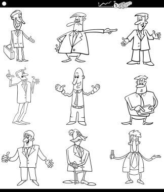 Siyah ve beyaz çizgi film illüstrasyon komik adamlar ya da iş adamları karakter küme