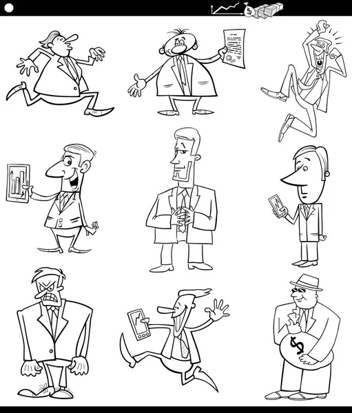 Black White Cartoon Illustration Funny Men Businessmen Characters Set — Stock Vector