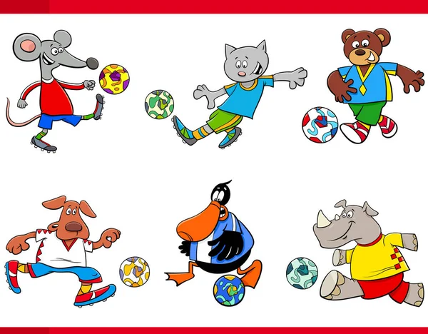 Illustrations Dessins Animés Personnages Football Animal Joueurs Football Avec Balles — Image vectorielle