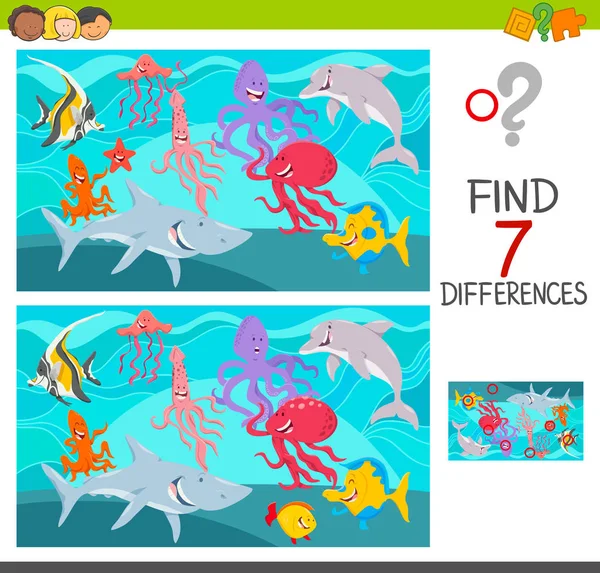 卡通插图发现七图片之间的差异海洋生物特征儿童教育游戏 — 图库矢量图片