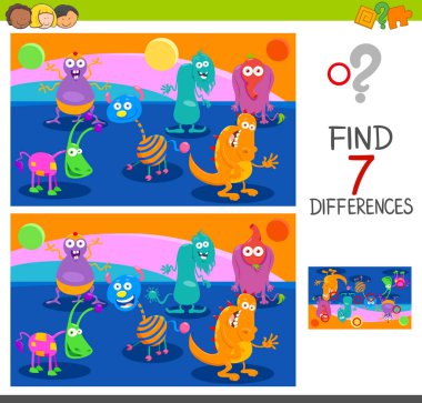 Çizgi film illüstrasyon resim arasındaki yedi farkı canavar karakter olan çocuklar için eğitici bir oyun bulma
